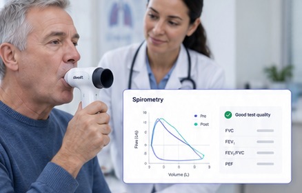 A patient performing a spirometry test with alveoair while a clinician reviews the flow-volume loop