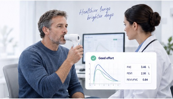 A patient performing a respiratory test with a clinician, results shown on screen