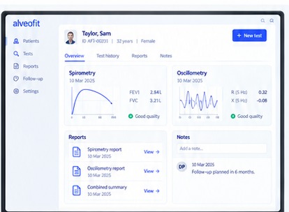 The alveofit patient record showing spirometry and oscillometry results with reports and notes