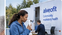 Community screening beside an alveofit health vehicle