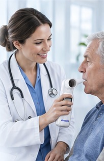A clinician performing a respiratory test with a seated patient
