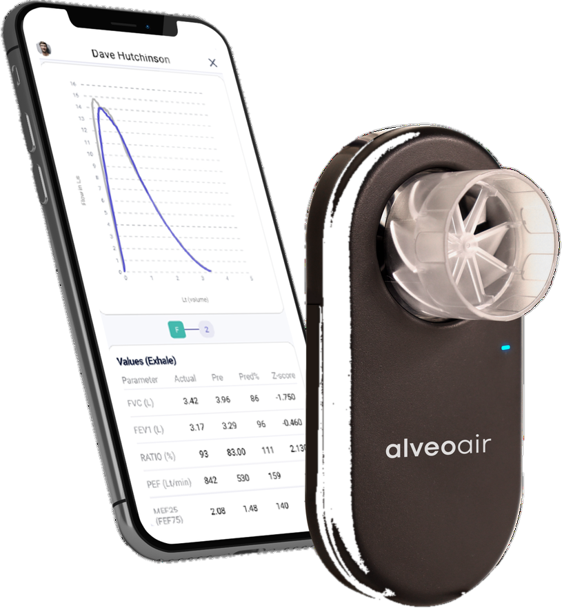 The alveoair spirometer beside a phone showing a flow-volume trace and spirometry values